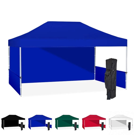 Blue 10x15 Instant Canopy Tent with 1 Full Wall and 2 Half Walls - Commercial Grade Aluminum Frame with Water-Resistant Canopy Top and Sidewalls - Bonus Canopy Bag and Stake Kit Included (5 Colors)