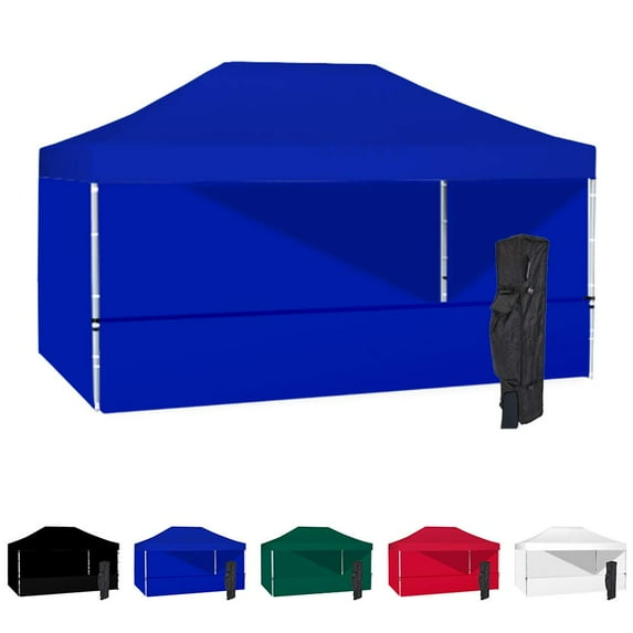 Blue 10x15 Instant Canopy Tent with 3 Full Walls and 1 Half Wall - Commercial Grade Steel Frame with Water-Resistant Canopy Top and Sidewalls - Bonus Canopy Bag and Stake Kit Included (5 Colors)