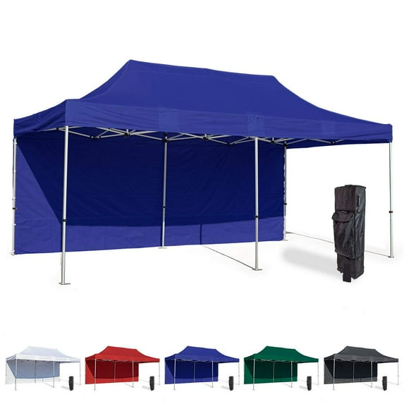 Blue 10x20 Instant Canopy Tent and Side Wall - Commercial Grade Steel Frame with Water-Resistant Canopy Top and Sidewall - Bonus Canopy Bag and Stake Kit Included (5 Color Options)