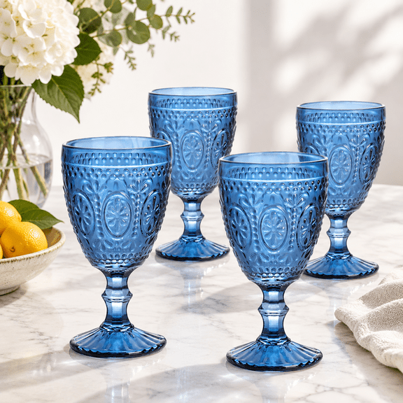 Blue 11oz Stemmed Wine Goblet Set of 4, Vintage Embossed Glassware