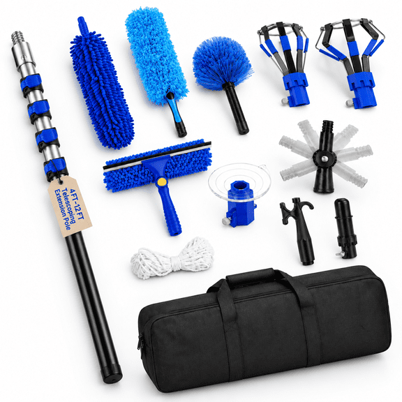 Blue 12 FT Telescoping Extension Pole Multi-Purpose High Reach Cleaning Duster Kit