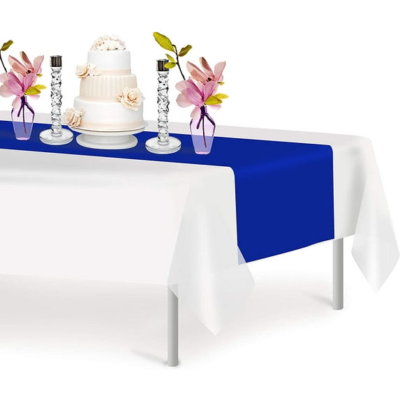 Blue 12 Pack Premium Disposable Plastic Table Runner 14 x 108 Inch. Decorative Table Runner for Dinner Parties & Events, Decor By Grandipity