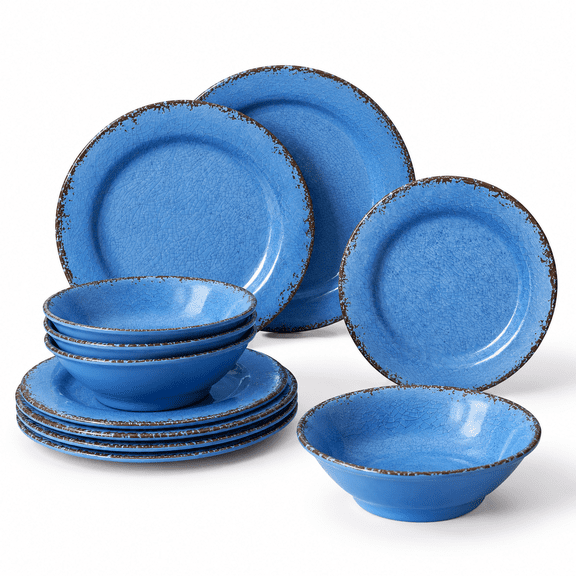 Blue 12 Piece Dinnerware Set for 4, Farmhouse Rustic Outdoor Dishes