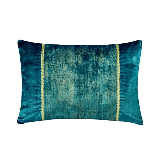 Blue 12"x22" (30x55 cm) Lumbar Pillow Cover, Velvet Foil Leather Oblong Pillow, Patchwork Pattern Modern Style - Resplendent Teal