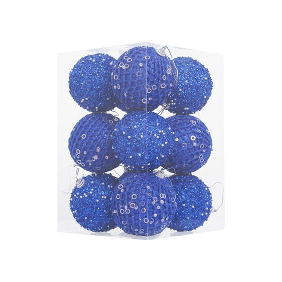 Blue 12Pc Glitter Christmas Ball Ornaments For Tree Hanging Decorations Holiday Party Home Decor Foam Material 8In Semi Handmade Unique Design Festive Atmosphere