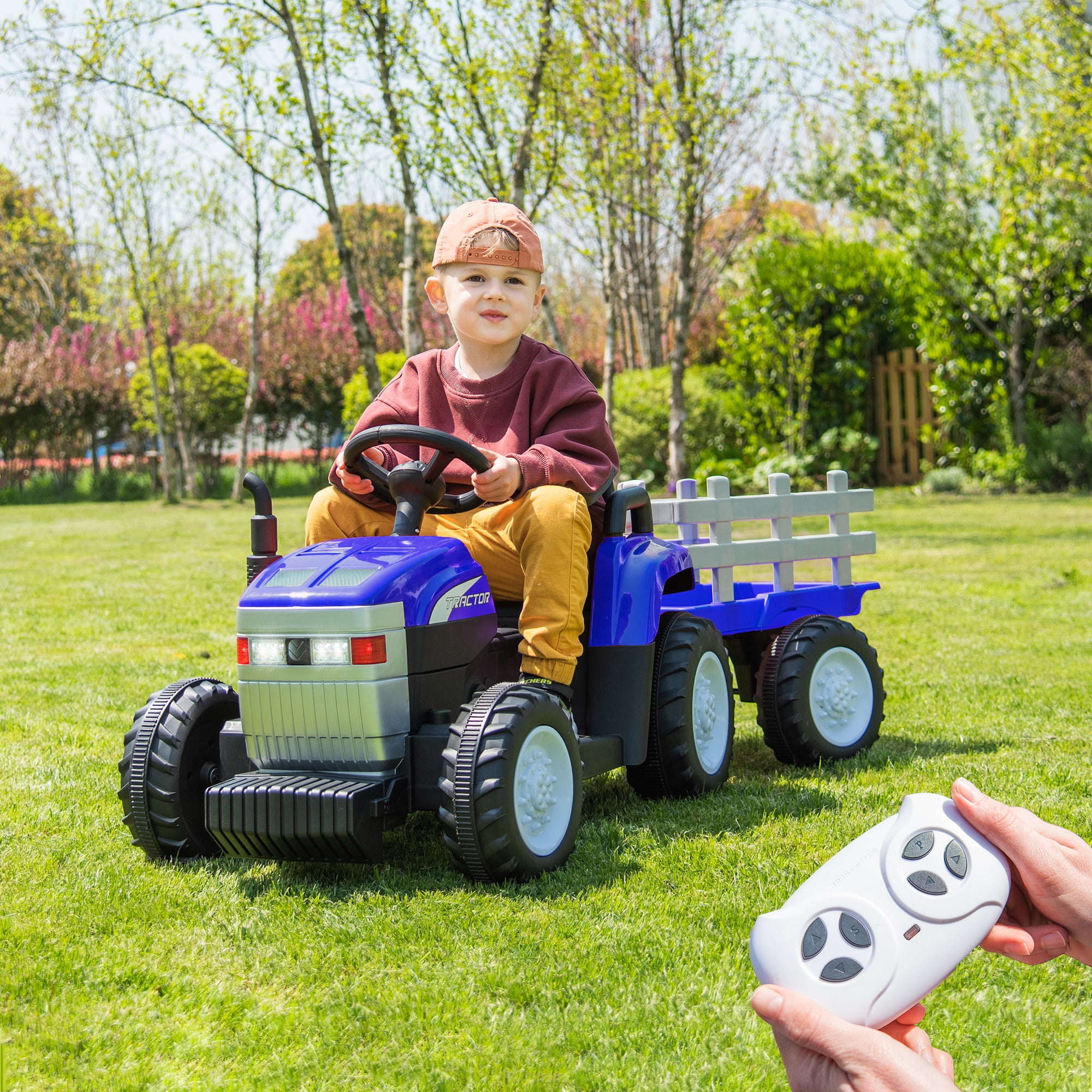 XCLOUD 12V Toy Tractor with Trailer, Remote Control, Kids' Electric Excavator Vehicles with 2x35W Dual Motor, Treaded Tires, LED Lights, USB, Music, Blue