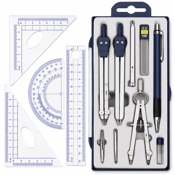 Blue 13-Piece Math Geometry Tool Kit with Storage Case for Drafting, Engineering & Architecture