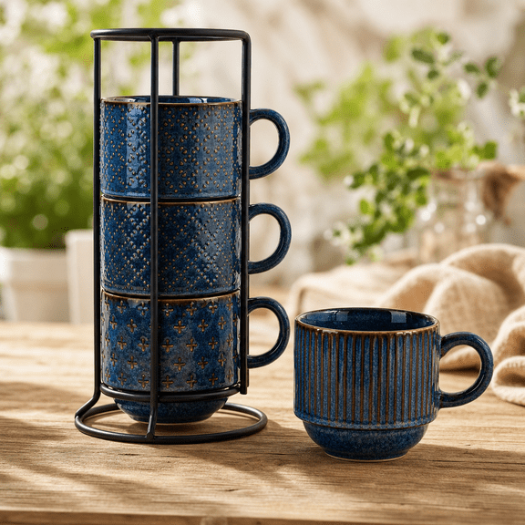 Blue 15 Oz Stackable Ceramic Coffee Mug Set Of 4 For Cappuccino Tea Hot Cocoa Drinks