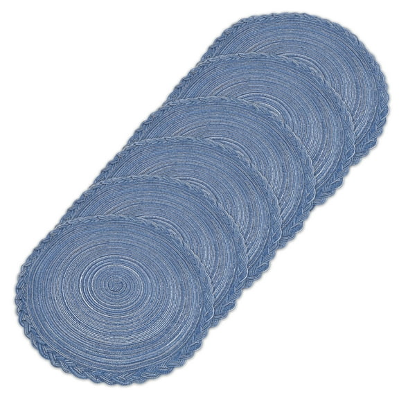 Blue 15-inch Braid Round Placemat Set of 6, Cotton Woven Heat-Resistant & Non-Slip, Ideal for Dining