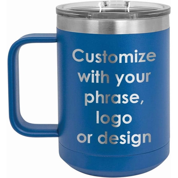 Blue 15 oz Coffee Mug w/Slide Top Lid | Add Your Text w/Names, Phrase, Design or Company | Insulated Travel Coffee Cup | Compare To | ONLYGIFTS.COM