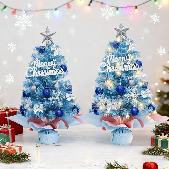 Blue 17.7in Tabletop Christmas Tree Gift Box Snowflake Accessory Set 45cm Mini Artificial Desktop Tree With Ornaments Star Topper Holiday Centerpiece For Window Desk Indoor Party Decor Christmas