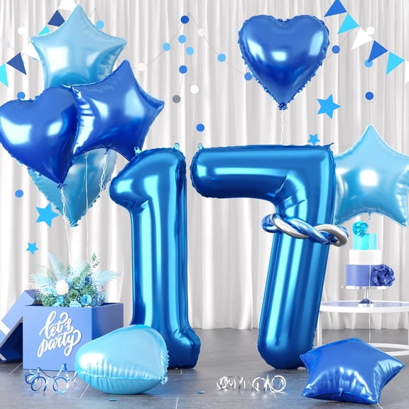 Blue 17 number balloons, Blue number 17 balloon set, Blue foil star Heart balloon with long latex balloon for girls birthday party decoration