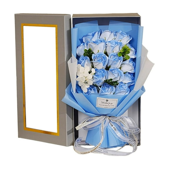 Blue 18 Blue Artificial Rose Bouquet In Clear Display Box, Everlasting Design, Ideal Gift For Valentine'S Day, Anniversary, And Special Occasions
