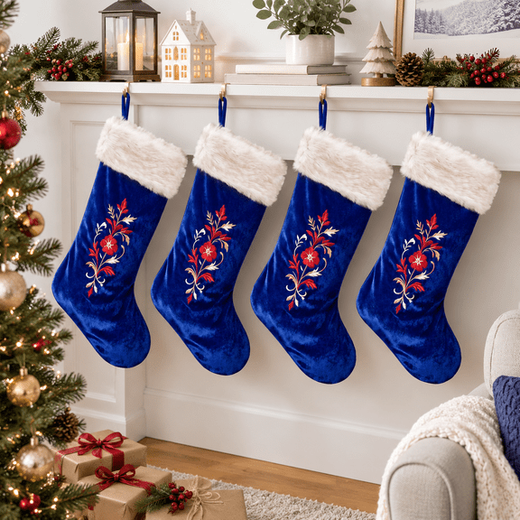 Blue 18 Inch Christmas Stocking with Embroidered Floral Design and Hanging Loop