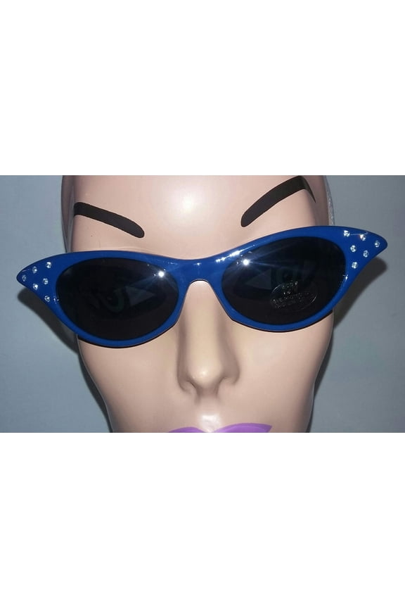Blue 1950's Cateye Cat Eye Glasses with Rhinestones Dark Lens Sunglasses