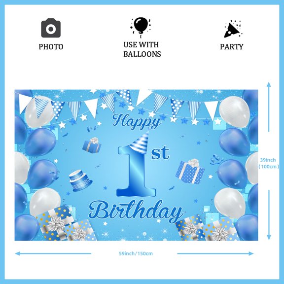 Blue 1st Birthday Backdrop, 4.9 x 3.3 ft Vinyl First Birthday Background Cloth with Corner Grommets and 19.7 ft White Satin Ribbon, Blue Party Photo Background for Kids Cake Table Wall Decor Display