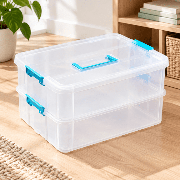Blue 2 Layer Stack & Carry Plastic Multipurpose Portable Storage Organizer Box