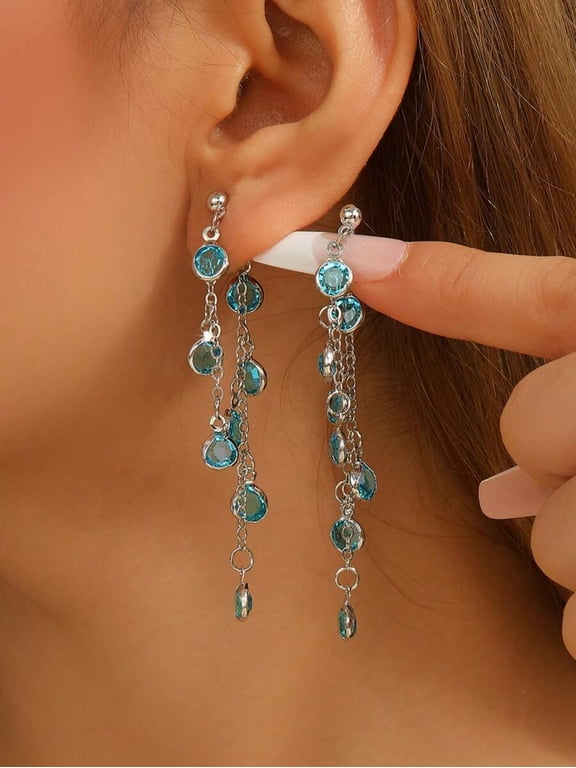 Blue-2 Long Dangle Chandelier Earrings With Teardrop Glass Crystals