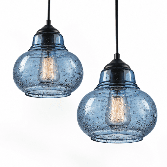 Blue-2 Pack 8 Inch Modern Hand Blown Bubble Glass Pendant Light Fixtures