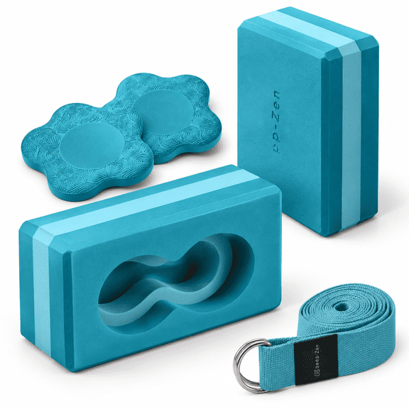 Blue 2-Pack Foam Yoga Blocks with Pads and Strap, Wrist Support Exercise Set