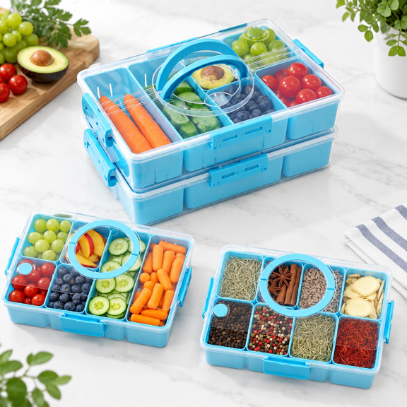 Blue 2-Pack Stackable 14-Compartment Food Snack Organizer Containers with Lids and Handles