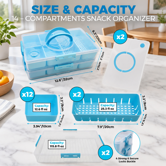 Blue 2-Pack Stackable 14-Compartment Food Snack Organizer Containers with Lids and Handles