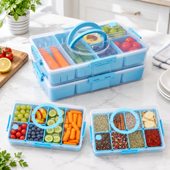 Blue 2-Pack Stackable 14-Compartment Food Storage Snack Organizer with Lids and Handles