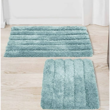 Blue 2 Piece Bath Mat Set -Solid Striped Bathroom Mat Soft Plush Thick