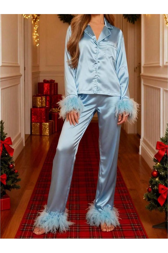 Blue 2-Piece Satin Lounge Set With Feather Trim Long Sleeve Button-Up Shirt And Pants