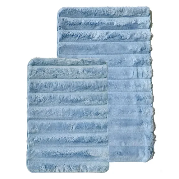 Blue 2 Piece Striped Ultra Soft Faux Fake Fur Rabbit Bathroom Bath Mat Set