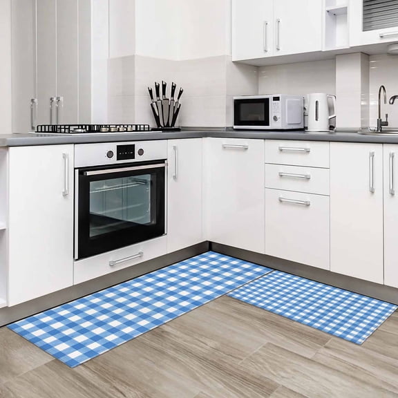 Blue 2 Pieces Non-Slip Kitchen Mat Set Country French Rustic Buffalo Plaid Modern Art Soft Door Mat with Rubber Backing,Dirtproof Rugs for Entrance Doorway 15.7x23.6in+15.7x47.2in
