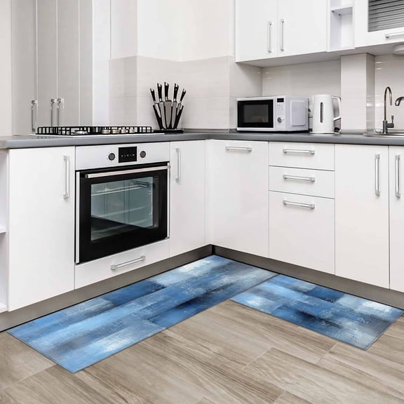 Blue 2 Pieces Non-Slip Kitchen Mat Set Ombre Oil Painted Retro Abstract Art Modern Soft Door Mat with Rubber Backing,Dirtproof Rugs for Entrance Doorway 18x30in+18x48in