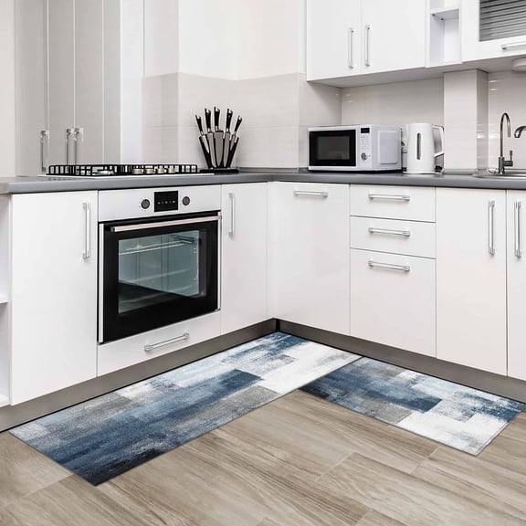 Blue 2 Pieces Non-Slip Kitchen Mat Set Retro Oil Painted Modern Abstract Art Soft Door Mat with Rubber Backing,Dirtproof Rugs for Entrance Doorway 19.7x31.5in+19.7x63in
