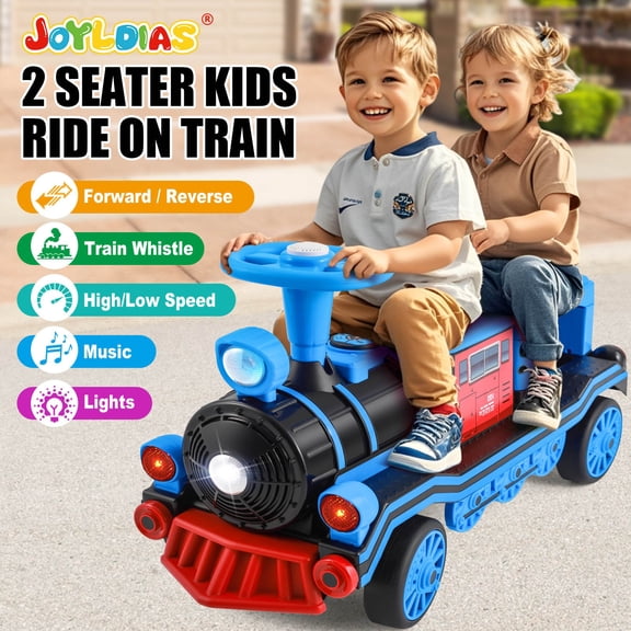 Blue 2-Seater 12V Electric Kids Ride On Train Toy Car Boys Girls Gift w/2 Speed,Music,Lights,Honk,Storage,USB,Support to 110LBS