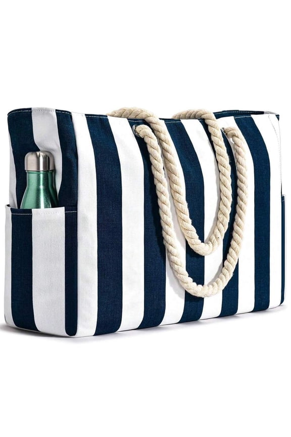 Blue-2 Striped Canvas Tote Bag With Rope Handles, Waterproof, Large