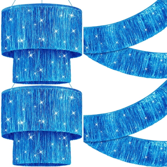 Blue 2 Tier Iridescent Fringe Tinsel Chandelier Banner Set, Party Disco Ball Decor