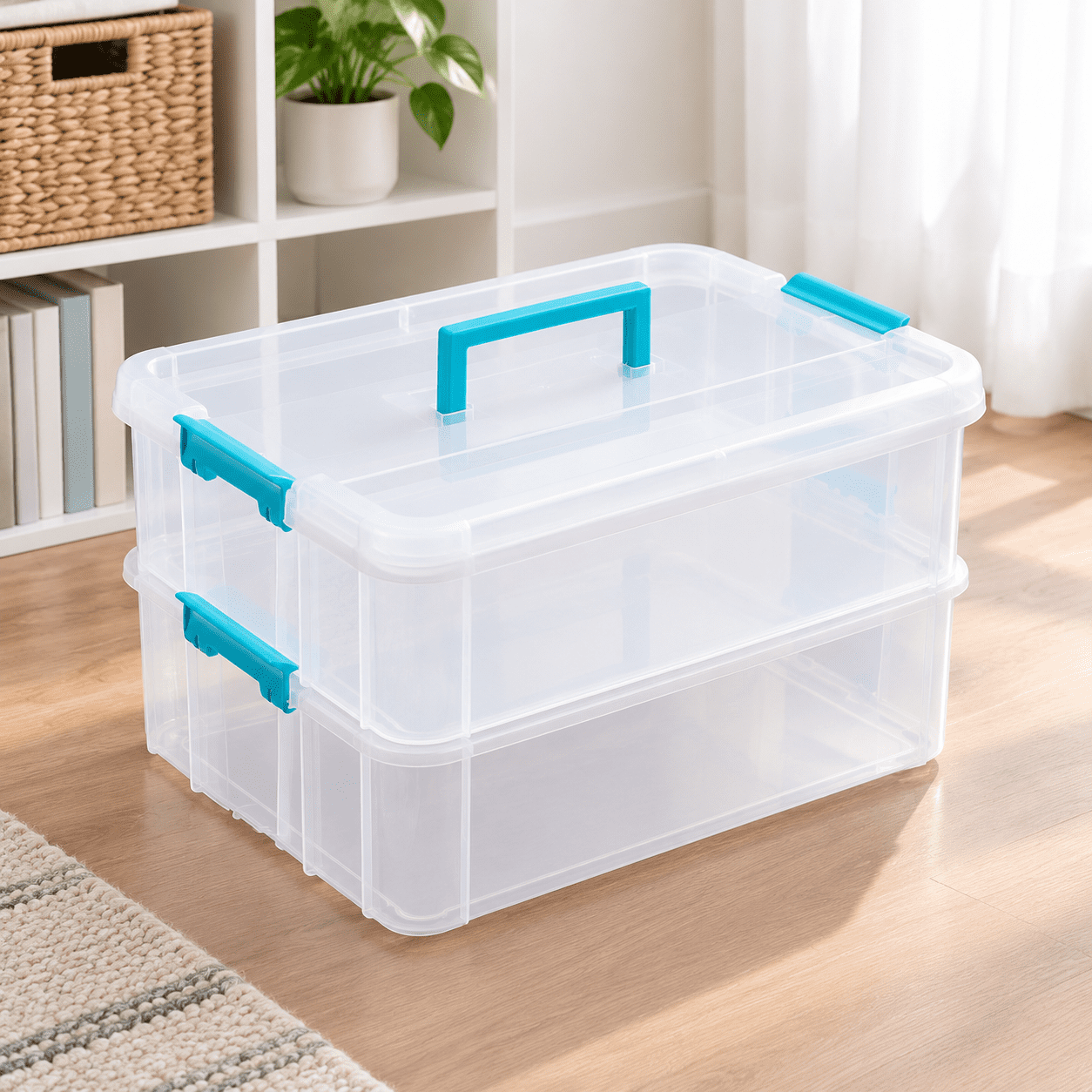 Blue 2-Tier Plastic Stackable Storage Container Box with Handle and ...