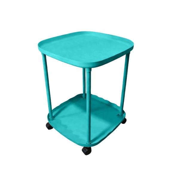 Blue 2-Tier Side Table With Wheels, Rolling Storage Rack For Sofa Bedroom, Plastic End Table With Bear Accent, Modern Home Decor