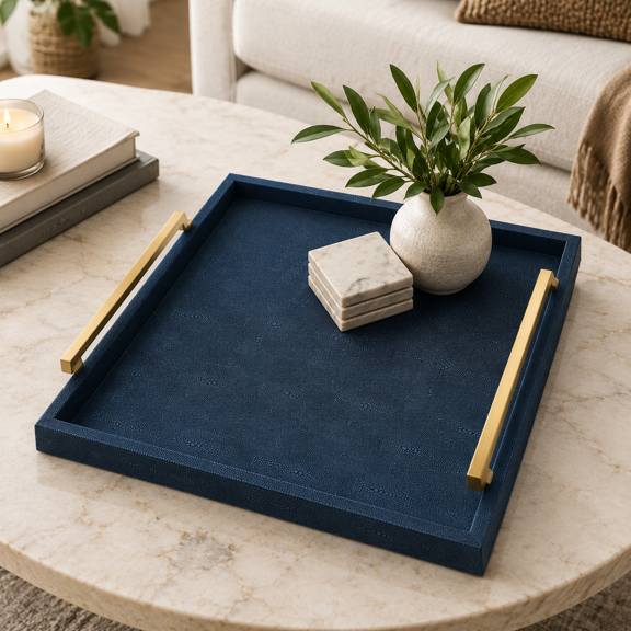 Blue 20" x 20" x 3" Large Square Decorative Serving Tray with Handles for Ottoman and Coffee Table
