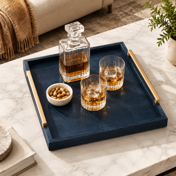 Blue 20" x 20" x 3" Rectangle Decorative Serving Tray for Home and Ottoman