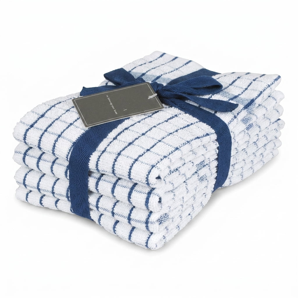 Blue 20 x 28 Inch Set of 4 Terry Cotton Kitchen Towels with Hanging Loop