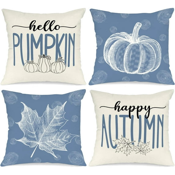 Blue 20x20 Throw Fall Pillow Covers Set of 4, Maple Leaf Pumpkin Decorative Holiday 20 x 20 Autumn Cushion Covers Thanksgiving Pillow Case for Indoor Home Bedroom Couch Sofa Decor