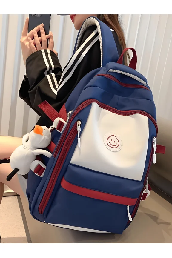 Blue 225 Structured Nylon Backpack With Smiley Patch And Multiple Zipped