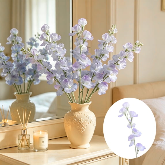 Blue 24.4 Inch Flocked Artificial Sweet Pea Flowers, Realistic Silk Floral Stems with Frosted Texture for Wedding Centerpiece and Home Vase Decor