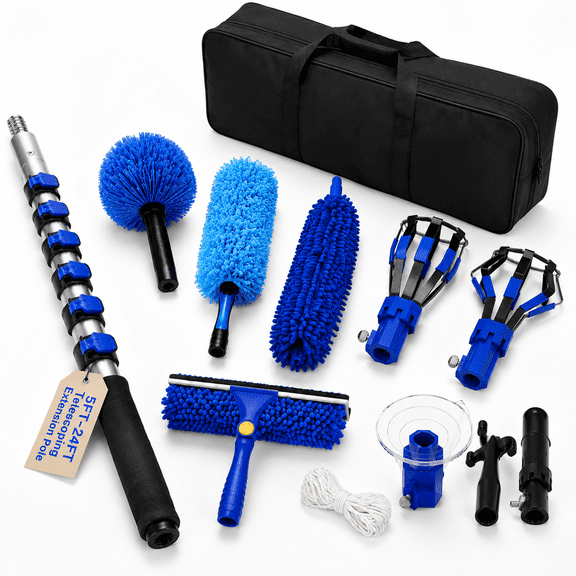 Blue 24 FT Telescoping Extension Pole Duster Kit for High Ceiling Cleaning