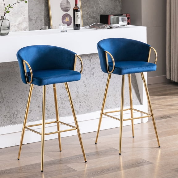 Blue 26 Inch Bar Stools, Velvet Set of 2 with Golden Legs / Charming Seating for Bars