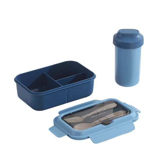 Blue 3 Compartment Lunch Box With Soup Cup Fork Spoon Set Bento ...
