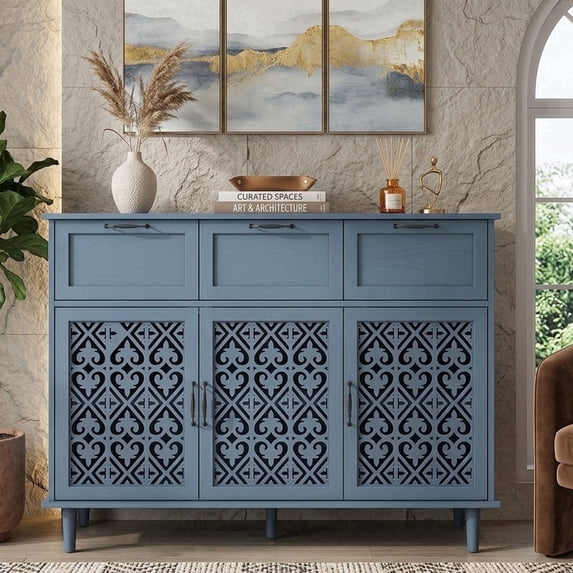 LFGUIZO 47″ Blue Bohemia Sideboard with 3 Drawers 3 Doors and 2 Adjustable Shelves Modern Accent Storage Cabinet for Dining Room,Living room TV Stand
