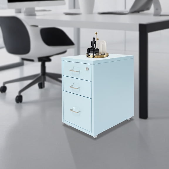Blue 3-Drawer Vertical Mobile File Cabinet with Lock, Under-Desk Metal Filing Organizer for Office