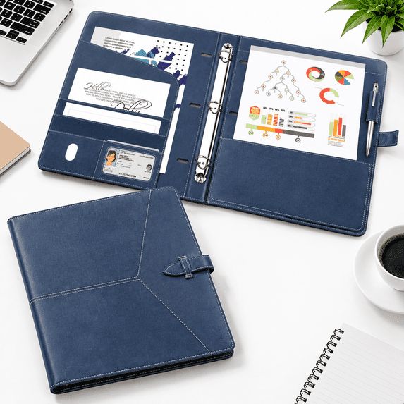 Blue 3 Ring Binder Organizer, PU Leather Business Portfolio Folder for ...